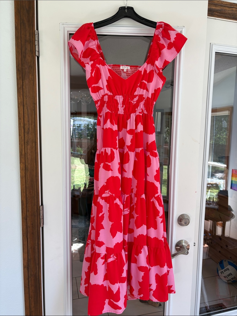 TCEC Red & Pink Tiered Floral Midi Dress